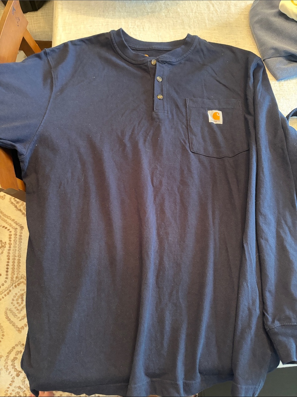 Carhartt Navy Long Sleeve Henley with Chest Pocket Logo